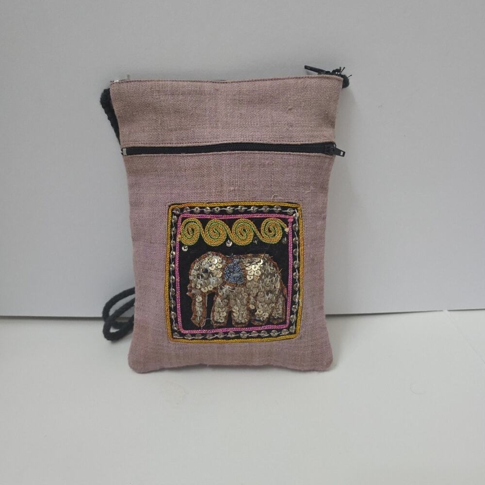 Thai Elephant Print Crossbody Bag Handmade Blue Gold Embroidered Zip Pockets
